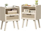 Lerliuo Rattan Nightstands Set of 2, Side Table with Drawer Open Shelf, Cane Accent Bedside End Table, Mid Century Modern Night Stand for Bedroom, Dorm and Small Spaces (Grey White)