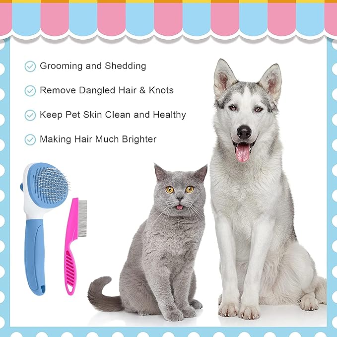 Cat Brush for Shedding and Grooming, Pet Self Cleaning Slicker Brush with Cat Hair Comb by KALAMANDA (Blue)-Mewly Pet