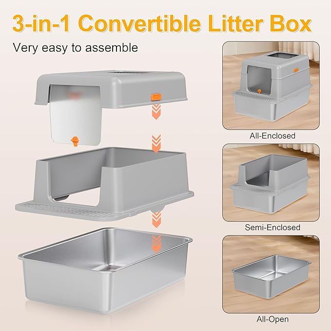 Stainless Steel Litter Box with Lid, 20L Metal Enclosed Litter Box for Big Cat, Flip-Top Design with Anti-Leakage High Sides, Large Cat Lovers Gifts (#1 Gray)-Mewly Pet