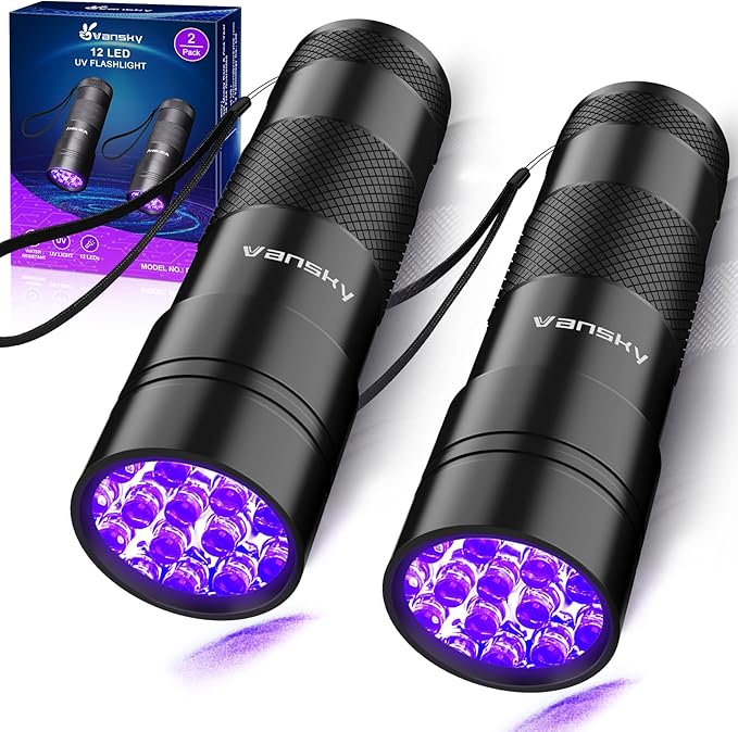 Black Light UV Light Flashlight: Vansky 395nm 12 LED 2 Pack Ultraviolet Blacklight Flashlight Mini Powerful Pet Urine Detector for Dog/Cat, Carpet Dry Stains Detection, Spot Scorpions, Resin Curing-Mewly Pet