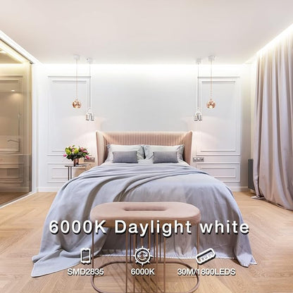 DAYBETTER White LED Strip Light, 100 ft Dimmable Strip, 6500K 24V Lighting Strips, 1800 LEDs 2835 Tape Lights for Bedroom, Kitchen, Mirror, Home Decoration(2 Rolls of 50 ft)