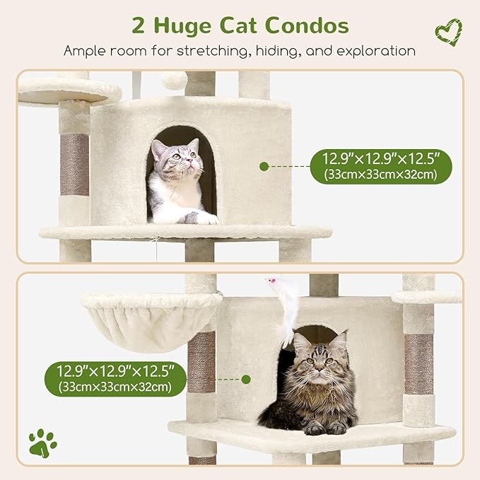 Globlazer Corner Cat Tree Tower for Large Cat, 66inch Tall Large Cat Tree Condo for Multiple Indoor Cats with 6 Scratching Posts, 2 Spacious Cat Condos, Soft Hammock, Hanging Basket, C66, Light Beige-Mewly Pet
