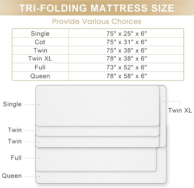 Folding Mattress, 6 Inch Memory Foam Tri-fold Mattress with Breathable & Washable Bamboo Fiber Fabric Cover, Foldable Floor Guest Bed for Camping, Road Trip, Single