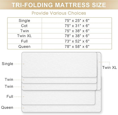 Folding Mattress, 6 Inch Memory Foam Tri-fold Mattress with Breathable & Washable Bamboo Fiber Fabric Cover, Foldable Floor Guest Bed for Camping, Road Trip, Single
