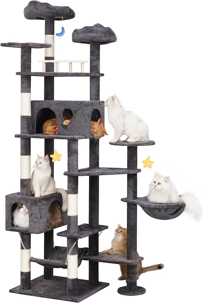 85in Giant Cat Tree for Heavy Duty Big Cats, Large Cat Trees with Scratching Post, Cat Tree Tower with Cat Condos, Hammock & Plush Perch for Maine Coon, Smoky Gray-Mewly Pet