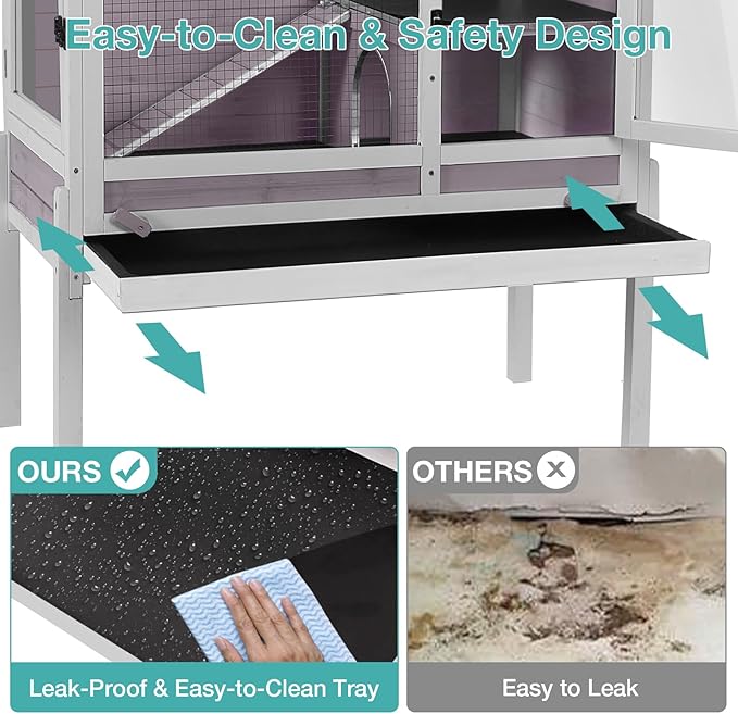 Guinea Pig Cage with Wooden Stand,Indoor Rabbit Hutch with 2 Stories,Hamster Cage with Anti Chew Ramp,Hideout, Platform, Pull Out Tray (Grey)-Mewly Pet