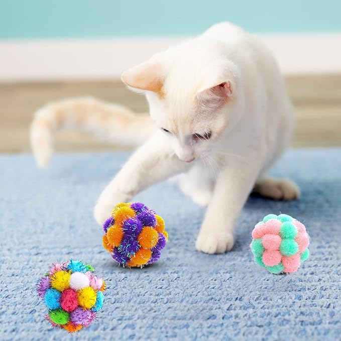 TUSATIY Cat Toys Ball with Bells 3PCS, Color Cat Pom Pom Balls,Tinsel Sparkle Balls,Interactive Toy for Indoor Cats Kitten-Mewly Pet