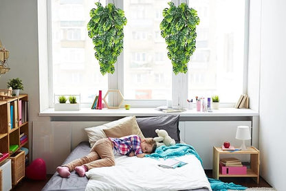 RECUTMS Artificial Hanging Plants 2 Pack, Fake Monstera Leaves Ivy Vine Faux Greenery UV Resistant Outdoor Tropical Palm Leaf Plant for Garden Home Jungle Hawaiian Luau Party Spring Summer Décor