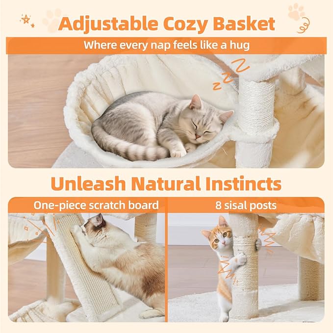 Taoqimiao Cat Tree 57.5-Inch, Cat Tower for Indoor Cats Large Adult, Extra Large Cat Condo, 8 Sisal Scratching Posts, Metal Frame Cozy Hammock, Durable Scratch Board, 2 Top Perches, Beige MS026M-Mewly Pet