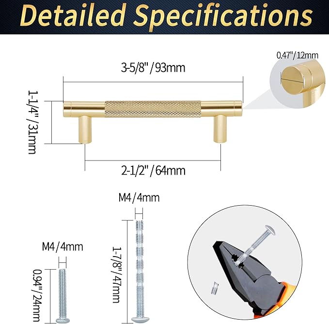 Knurled Cabinet Pulls 2 Pack, 3.5 Inch Long Cabinet Handles Metal Door Pulls, Kitchen Drawer Pull Knurled Dresser Handles - 2 1/2" Hole to Hole, Golden