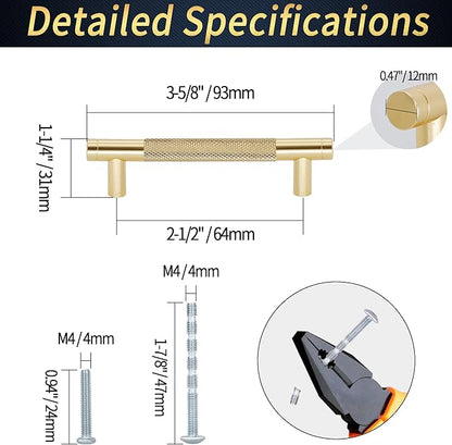 Knurled Cabinet Pulls 2 Pack, 3.5 Inch Long Cabinet Handles Metal Door Pulls, Kitchen Drawer Pull Knurled Dresser Handles - 2 1/2" Hole to Hole, Golden