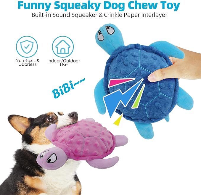 Adpartner Crinkle Dog Toys, 2 Pack Stuffed Turtle Dog Toys Squeaky Plush Dog Toy to Keep Them Busy, Interactive Dog Squeaky Toys for Small to Medium Dogs Teething Training Reduce Boredom-Mewly Pet