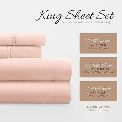 Linen Market Double-Brushed Microfiber King Sheet Set 4 Piece – Oeko-TEX Certified Ultra Soft & Wrinkle-Free - 16" Deep Pocket Sheets - Easy Care King Size - Blush