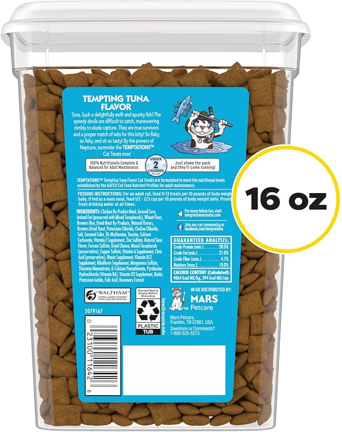 Temptations Classic Crunchy and Soft Cat Treats Tempting Tuna Flavor, 16 oz. Tub-Mewly Pet