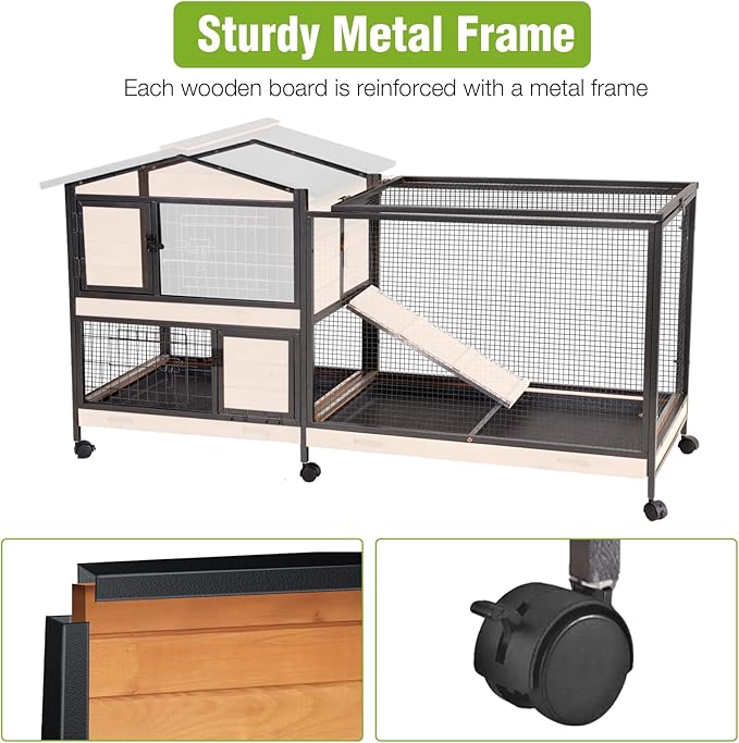 GUTINNEEN 2-Story Rabbit Hutch with Chew-Proof Full Metal Frame for Indoor/Outdoor - 62" Bunny Cage with 6 Locking Casters & 2 Pull-Out Trays for Rabbits, Guinea Pigs, Small Pets (Brown)-Mewly Pet