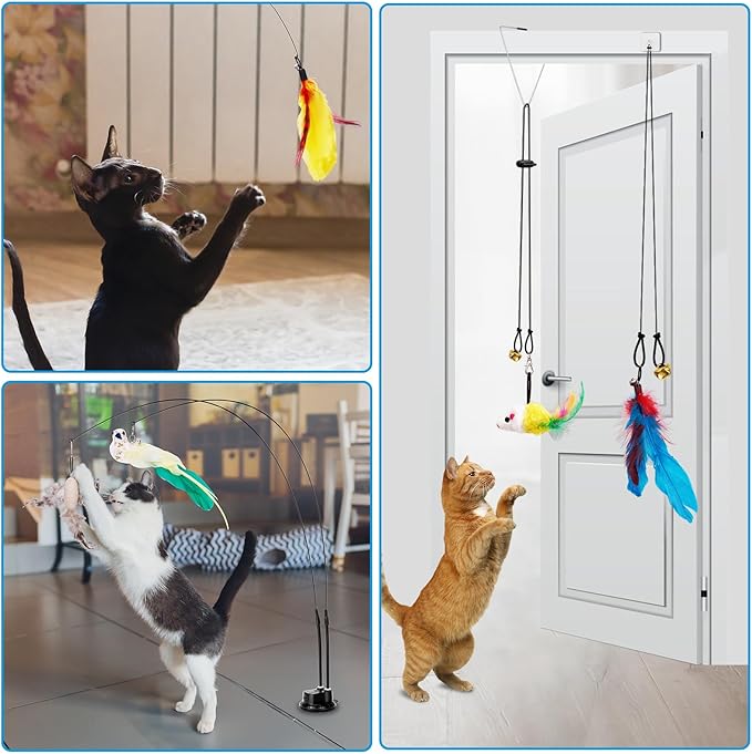 ZooZoo 14PCS Interactive Cat Feather Toy Set for Indoor Cats, Active Play Kit with Door Hanging Toy, Double-Sided Suction Cat Wand with Feathers, Mice & Fur Balls, Encourages Hunting, Jumping, Chasing-Mewly Pet
