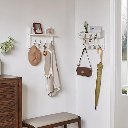 YMYNY 31.5" Coat Rack Wall Mount with Shelf, 4 in 1 Key and Coat Hanger with 12 Metal Hooks, Wall Shelf with Hooks & Mail Holder for Living Room, Bedroom, White, HWS007W-2