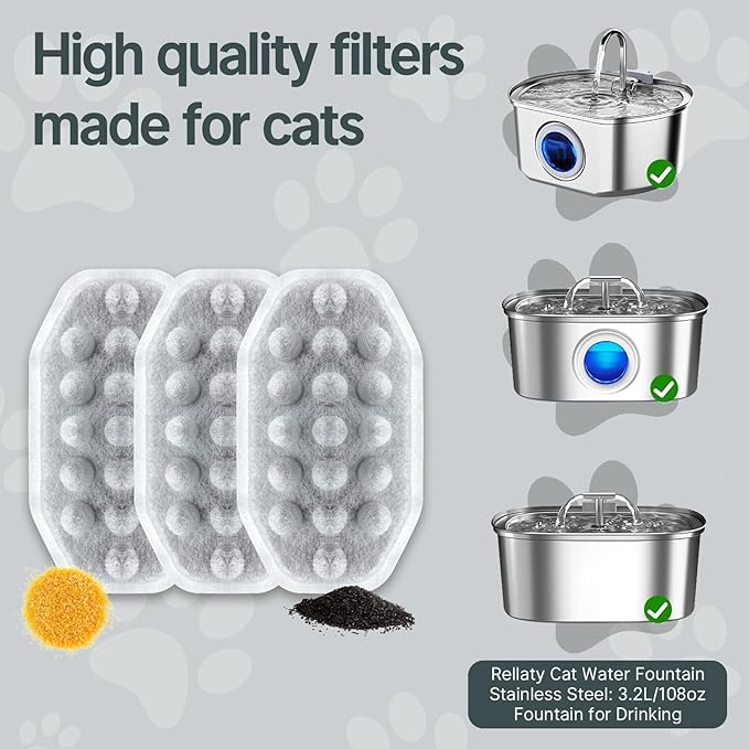 24 Pcs Cat Water Fountain Filters,12 Pack Cat Water Fountain Replacement Filters & 12 Pack Pre-Filter Sponges,Fountain Filter Replacement for Rellaty and Neareal 108oz/3.2L Pet Stainless Fountain-Mewly Pet