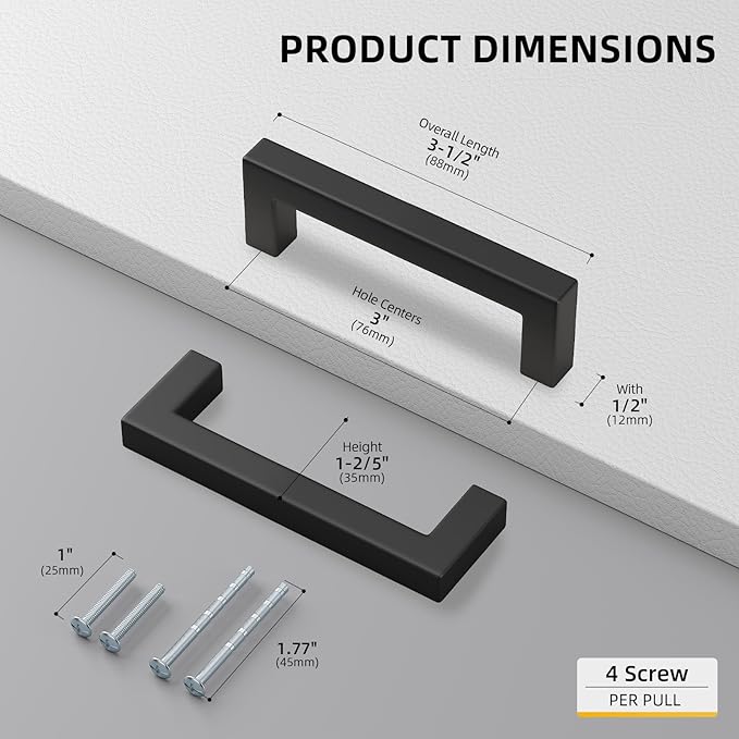 goldenwarm 100 Pack 3 Inch Black Cabinet Handles Matte Black Drawer Pulls Stainless Steel Cabinets Hardware Square Bar Modern for Kitchen Bathroom Cupboard
