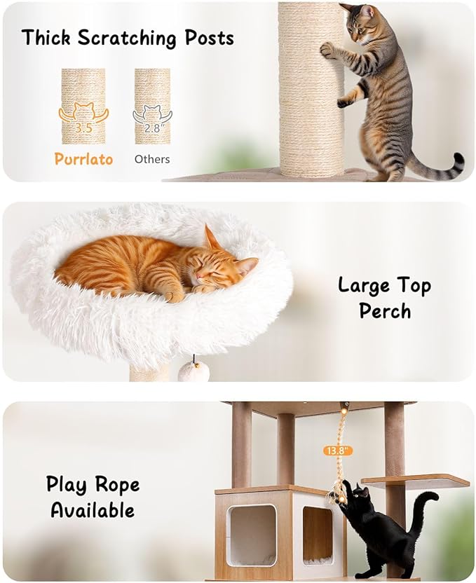 61" Wooden Cat Tree Tower for Indoor Cats, Luxury Modern Wooden Tower with XL Plush Lounge, Hammock & Scratching Posts for Maine Coon 20 lbs-Mewly Pet