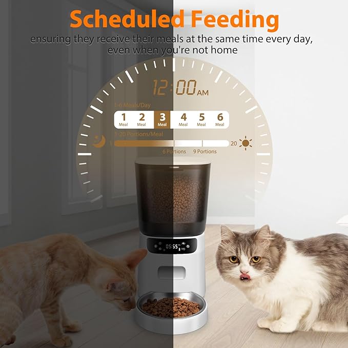 Automatic Cat Feeder, Cat Food Dispenser with Stainless Steel Bowl, Timed Portion Control 20 Portions 6 Meals Per Day, Voice Recorder, Dual Power Supply for Small Dogs (White)-Mewly Pet