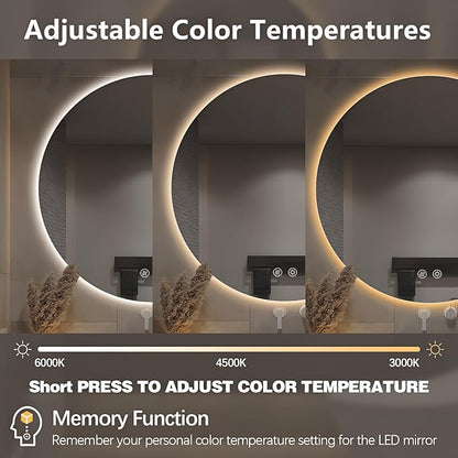 Niccy Round Led Mirror for Bathroom, 30" Circle Frameless Backlit Mirror wiht Light, Anti-Fog, 3 Colors, Waterproof, Memory Function
