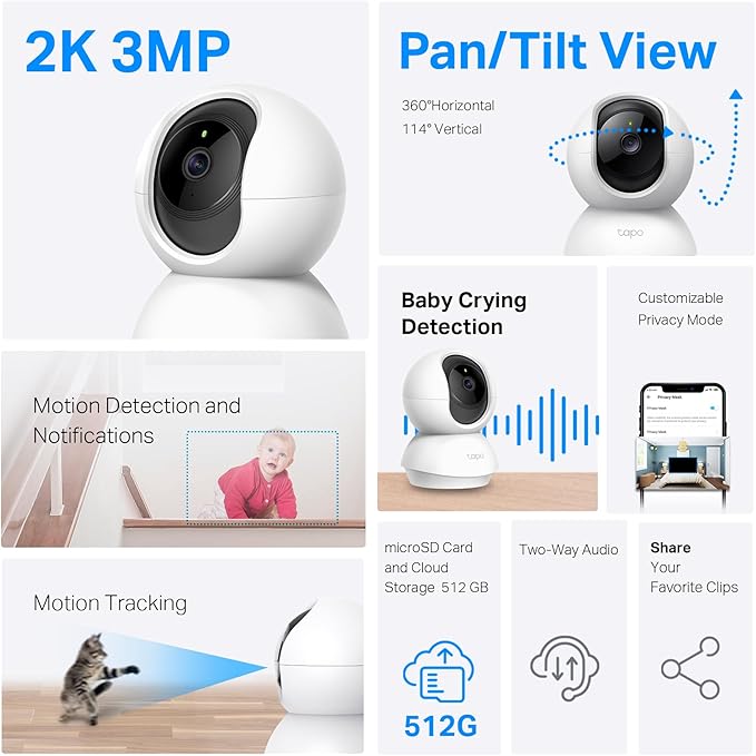 TP-Link Tapo 2K Pan/Tilt Security Camera for Baby Monitor, Dog Camera w/Motion Detection, 2-Way Audio, Siren, Night Vision, Cloud & SD Card Storage, Works with Alexa & Google Home, 2-Pack (C210P2)-Mewly Pet
