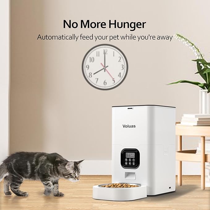 VOLUAS Automatic Cat Feeders - Pet Food Dispenser for Dry Food, Timed Cat Feeder with Desiccant Bag, Programmable Portion Size Control 4 Meals Per Day, 10s Voice Recorder-Mewly Pet