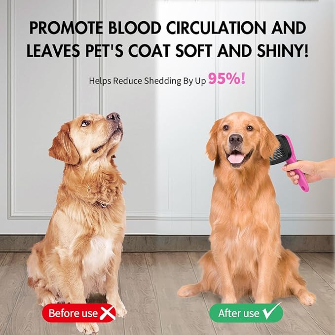 Dog Brush for Shedding & Grooming, Self Cleaning Slicker with Retractable Pins for Short & Long Haired Dogs & Cats. Removes Loose Fur, Undercoat, Mats & Tangles. Fits Large, Small Pet. Pink-Mewly Pet