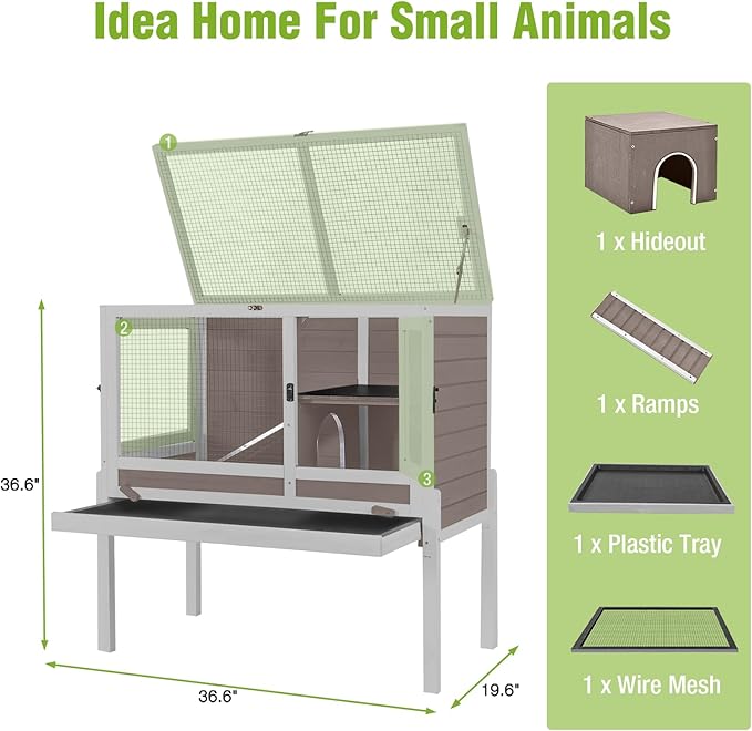 GUTINNEEN Rabbit Hutch Guinea Pig Cages Indoor with Stand Wooden Small Animals Cage Hutch Hamster Cage with Hideout,Pull Out Tray, Anti Chew Ramp(Brown)-Mewly Pet