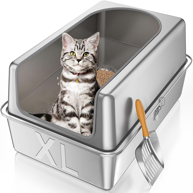 12'' High Sides XL All Stainless Steel Cat Litter Box with Lid,Deep Metal Litter Box for Big Cats,Extra Large Litter Boxes with High Wall Enclosure,Anti-Leakage,Never Absorbs Odors,Non-Sticky Surface-Mewly Pet
