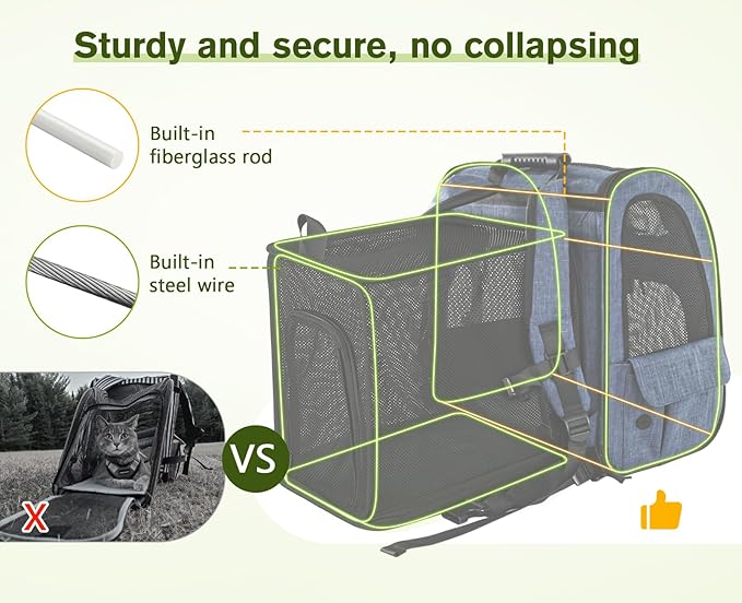 Pecute Pet Carrier Backpack, Large Cat Carrier Backpack, Expandable Cat Backpack with Breathable Mesh for Medium Large Cats, and Small Dogs, Dog Backpack Carrier for Travel Hiking Blue-Mewly Pet