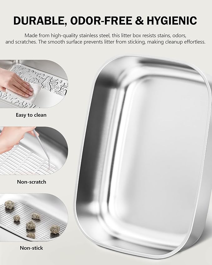 Stainless Steel Sifting Litter Box with Lid, Metal Litter Pan with Scoop for Big Cats Multi Cat, Extra Large Cats Litterbox Odor Control Easy Clean-Mewly Pet