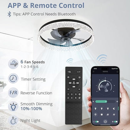 LEDIARY 22" Modern Ceiling Fans with Lights and Remote, Dimmable Low Profile Ceiling Fan, Flush Mount Ceiling Fan, Stepless Color Temperature Change and 6 Speeds - Black