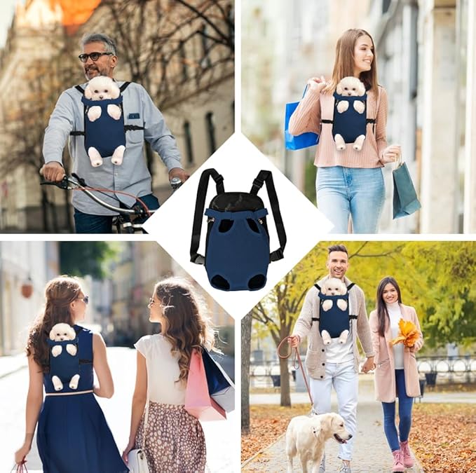 FEimaX Dog Carrier Backpack Pet Legs Out Front Cat Travel Bag, Adjustable Puppy Backpacks Carriers Hands-Free for Small Medium Dogs Cats Hiking Traveling Camping Daily Walking (Small, Navy)-Mewly Pet