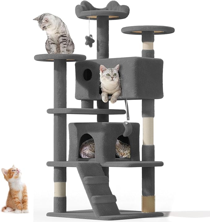 54" Cat Tree Tower for Indoor Cats Large Adult,Cute/Tall Modern Cat Tree for Big Cats 20 lbs, Plush Multi-Level Cat Condo with Scratching Posts,Hammock, Dangling Ball (Smoky Gray, 54 inch)-Mewly Pet