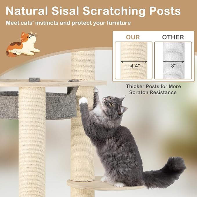 Tangkula Wood Cat Tree, 59 Inch Multi-Level Cat Tower with Top Padded Perch, Hammock, 3 Platforms & Sisal Scratching Posts, Large Modern Cat Tree Tower for Indoor Cats Kittens (59 Inch)-Mewly Pet