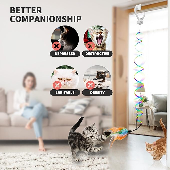Interactive Cat Toys for Indoor Cats,Enrichment Stimulation Toys, Electric Hanging Door Clip Ribbon Kitty Toy,Automatic Play Chase Exercise Feather Toys for Bored Indoor Adult & Kitten Cats（White）-Mewly Pet