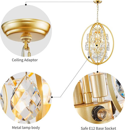 WUZUPS Globe Crystal Chandelier Raindrop Pendant Flushmount Ceiling Light Modern Lighting Fixture for Bedroom Hallway Bar Kitchen Bathroom, H 23.6" x W 19.7", Gold, 8 E12 Base