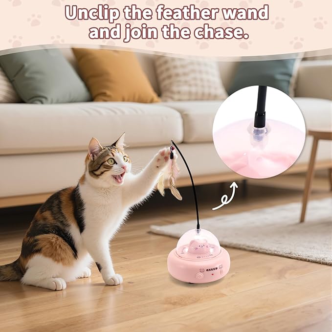 Automatic Cat Toys with Feathers, Interactive Cat Toy for Indoor Exercise, Rechargeable Teasing Toys for Indoor Cats, USB Powered, Smart Standby&Obstacle Avoidance(Pink)-Mewly Pet