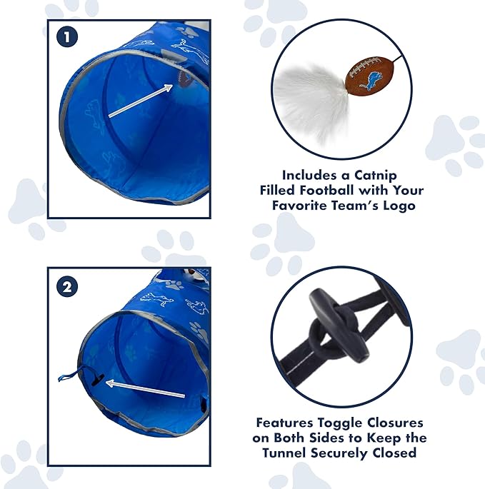 NFL Detroit Lions Cat Tunnel Tube Toy with Plush Football Catnip and Feathers Collapsible Tunnel for Cats to Play, Peek and Hide, Sporty & Fun Cat Tunnel Toy with Team Logo All-Over Design!-Mewly Pet