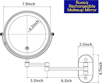 Ruacq Rechargeable Makeup Mirror Matte Black Double Sided Vanity Mirror with Lights Round 1x/10x Magnification 8 Inch Led Magnifying Mirror Stainless Steel and Zinc Alloy Modern Wall Mounted