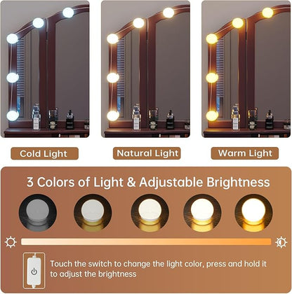 Tiptiper Vanity Desk, Makeup Vanity with Lighted Tri-Folding Mirror & Stool, Vanity Table Set with 10 LED Light Bulbs & 3 Color Lighting Modes, Makeup Table with 5 Storage Drawers, Brown