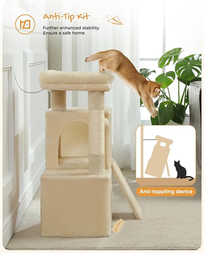 PAWZ Road Cat Tree, 30 Inches Cat Tower with Dual Condos for Indoor Cats, Plush Cat House with Padded Perch, Scratching Ramp and Posts and Replaceable Balls-Beige-Mewly Pet