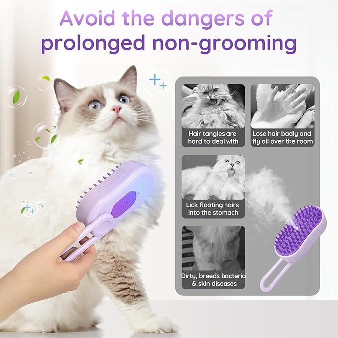 GKZ Cat Steam Brush, 3 in 1 Pet Comb for Massage, Cleaning, Shedding and Combing, Electric Mist to Prevent Flyaways for Home, Dogs and Cat Lovers - Purple-Mewly Pet