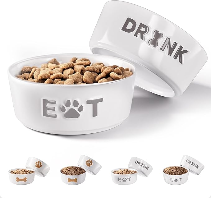Ceramic Dog Bowl Set of 2 with Anti-Skid Base - 5" Wide x 2" Tall Ceramic Dog Bowls for Small Dogs - 2 Cup Capacity Food and Water Bowls for Dogs - Rubber Bottom Pet Bowl Set of 2 for Small Pets-Mewly Pet