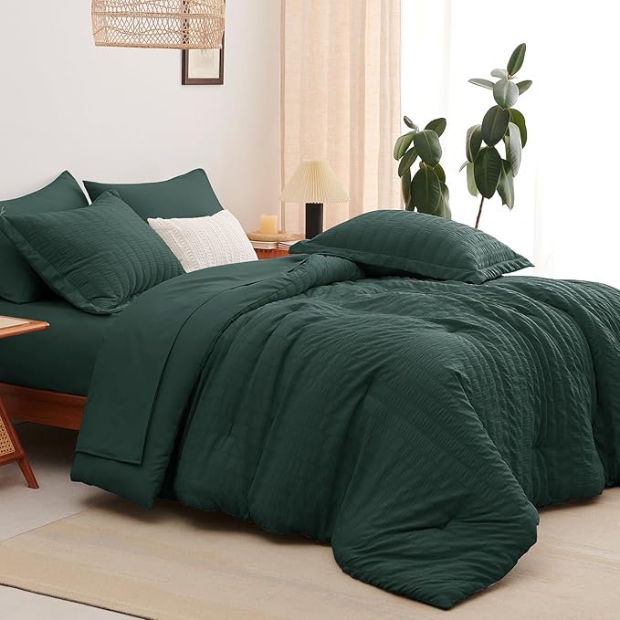 CozyLux Queen Comforter Set Forest Green Seersucker 7 Pieces Bed in a Bag Queen Comforter Set with Sheets, Luxury Bedding Sets with Down Alternative Comforter, Sheets, Pillowcases & Shams All Seasons