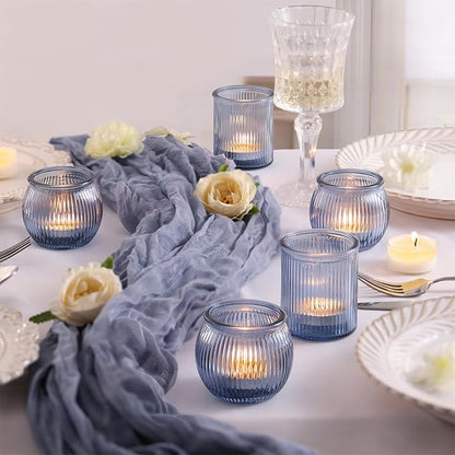 24pcs Assorted Blue Votive Candle Holders for Wedding Decorations, Ribbed Tea Lights Candle Holder Glass, Blue Candle Holders for Table Centerpiece, Party and Holiday Decorations