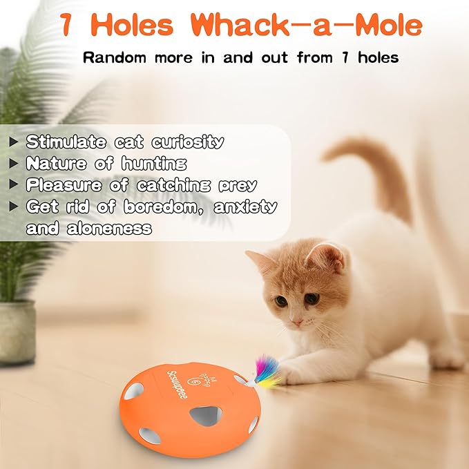 Interactive Cat Toy, Electric Cat Toys for Moving Concealed Feathers, Smart Sensor 7 Holes Whack a Mole Feather Toy, USB Charge Automatic Kitten Toys,Orange-Mewly Pet