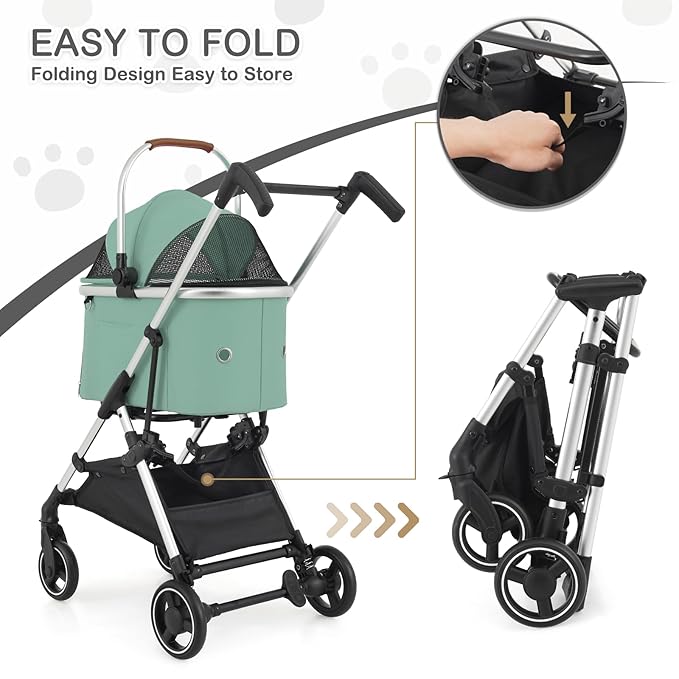 MoNiBloom Pet Stroller for Small/Medium Dogs w/Detachable Carrier & Lightweight Aluminum Frame, Folding Jogging Travel Stroller, Mint Green-Mewly Pet